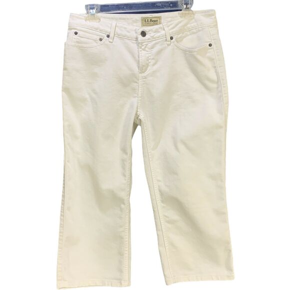 LL BEAN White Denim Cropped Capri JEANS Favorite Fit Straight Petite Sz 8 P - Picture 1 of 9